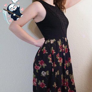 Black Floor Length Maxi with Crochet Applique, Rose Print